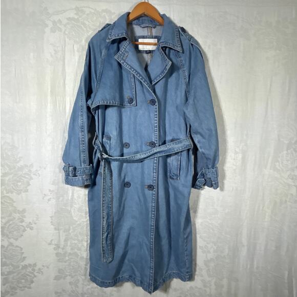 American Eagle DenimTrench Coat Medium Blue Jean Jacket Long Duster - Picture 1 of 10
